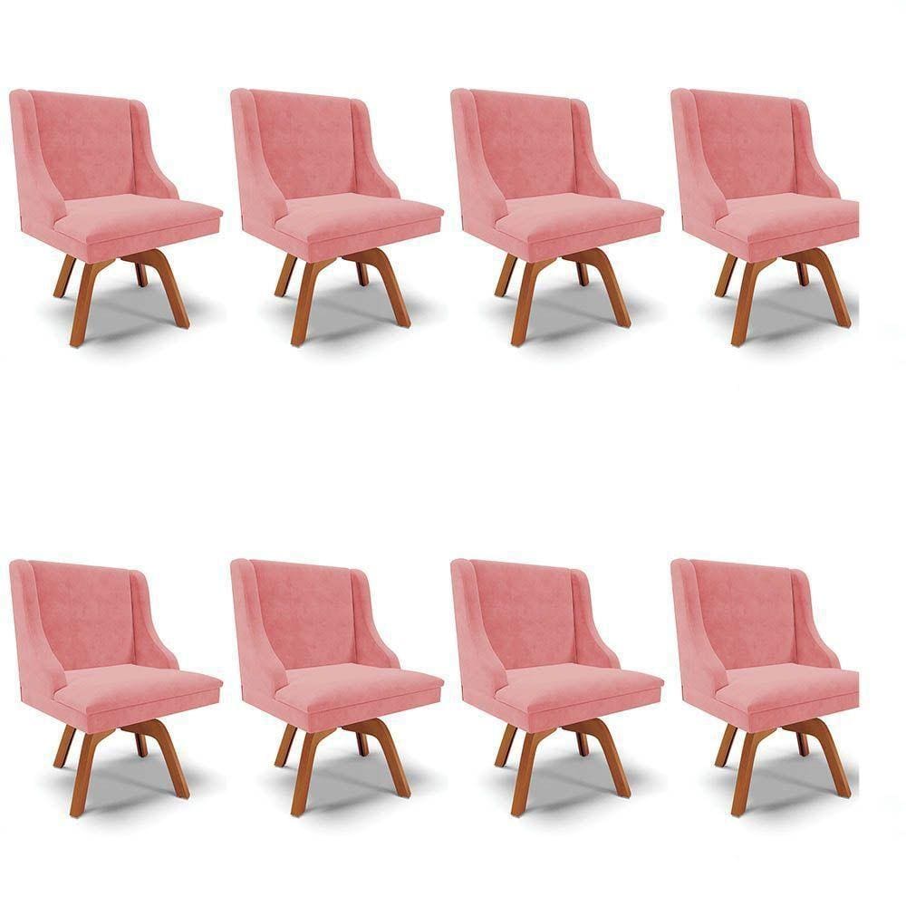 Kit 8 Cadeiras Estofadas Base Giratória De Madeira Lia Suede Rosê - Ibiza