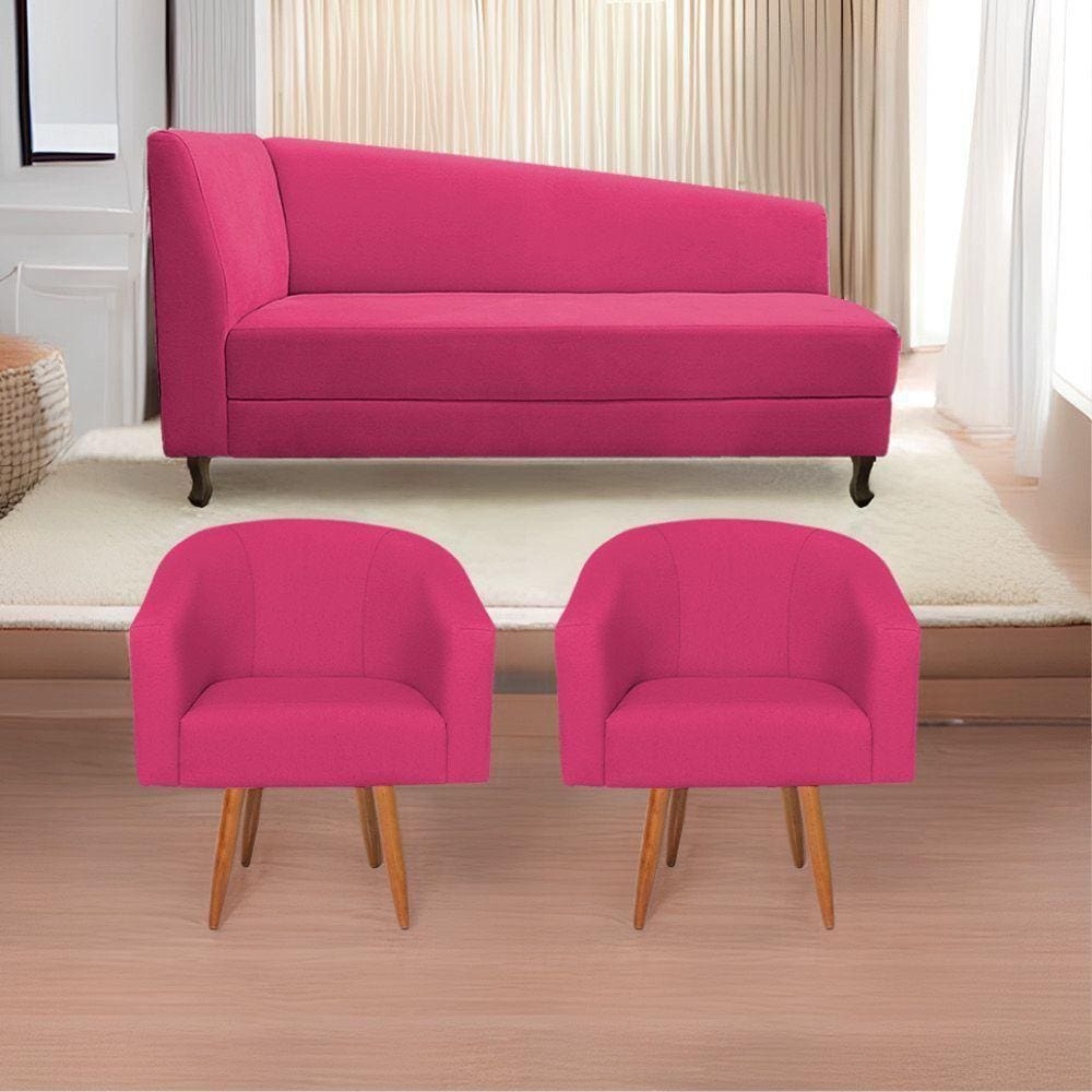 Kit Diva Recamier Heitor 140Cm Lado Direito E 02 Poltronas Luiza Suede - Doce Sonho Móveis Pink