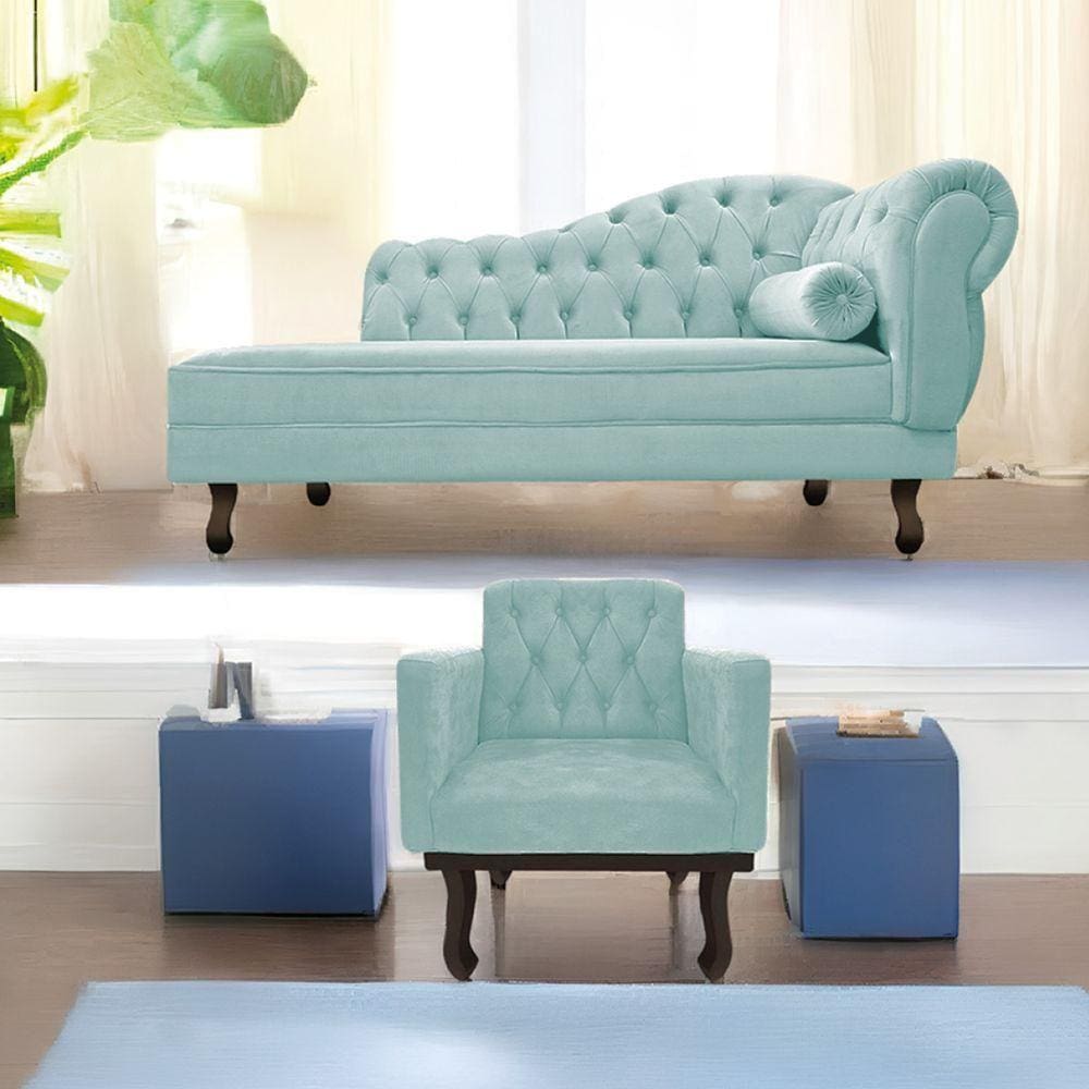 Kit Diva Recamier Diana 160Cm Lado Esquerdo E 01 Poltrona Suede - Doce Sonho Móveis Azul Tiffany