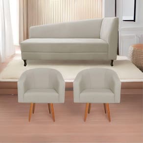 Kit Diva Recamier Heitor 140Cm Lado Esquerdo E 02 Poltronas Luiza Linho - Doce Sonho Móveis Bege