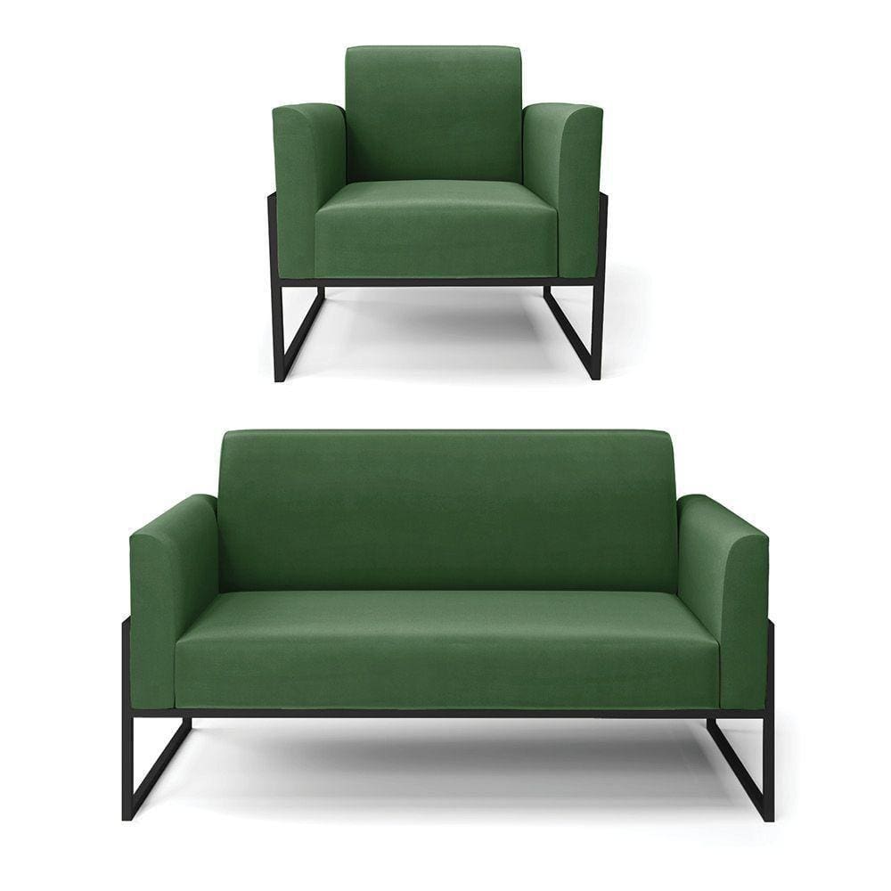 Sofá Namoradeira Com Poltrona Base Industrial Alta Preto Marisa Suede Verde D03 - D\`rossi