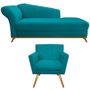Kit Diva Recamier Vanessa 140cm Lado Direito E 01 Poltrona Laura Suede Cor Azul Turquesa