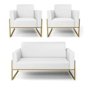 Sofá Namoradeira Com 2 Poltronas Base Industrial Alta Dourado Marisa Corino Branco D03 - D\`rossi