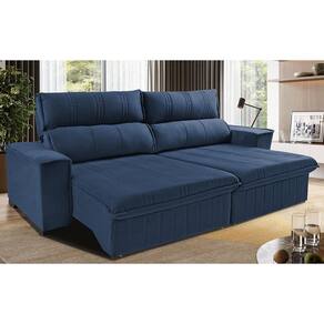 Sofá Retrátil E Reclinável 2,30m Cama Inbox Flórida Com Molas E Bordado 3d Velusoft Azul