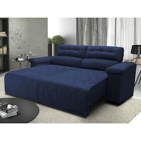 Sofá 2,82m Retrátil E Reclinável Com Molas Cama Inbox Top Tecido Suede Velusoft Azul