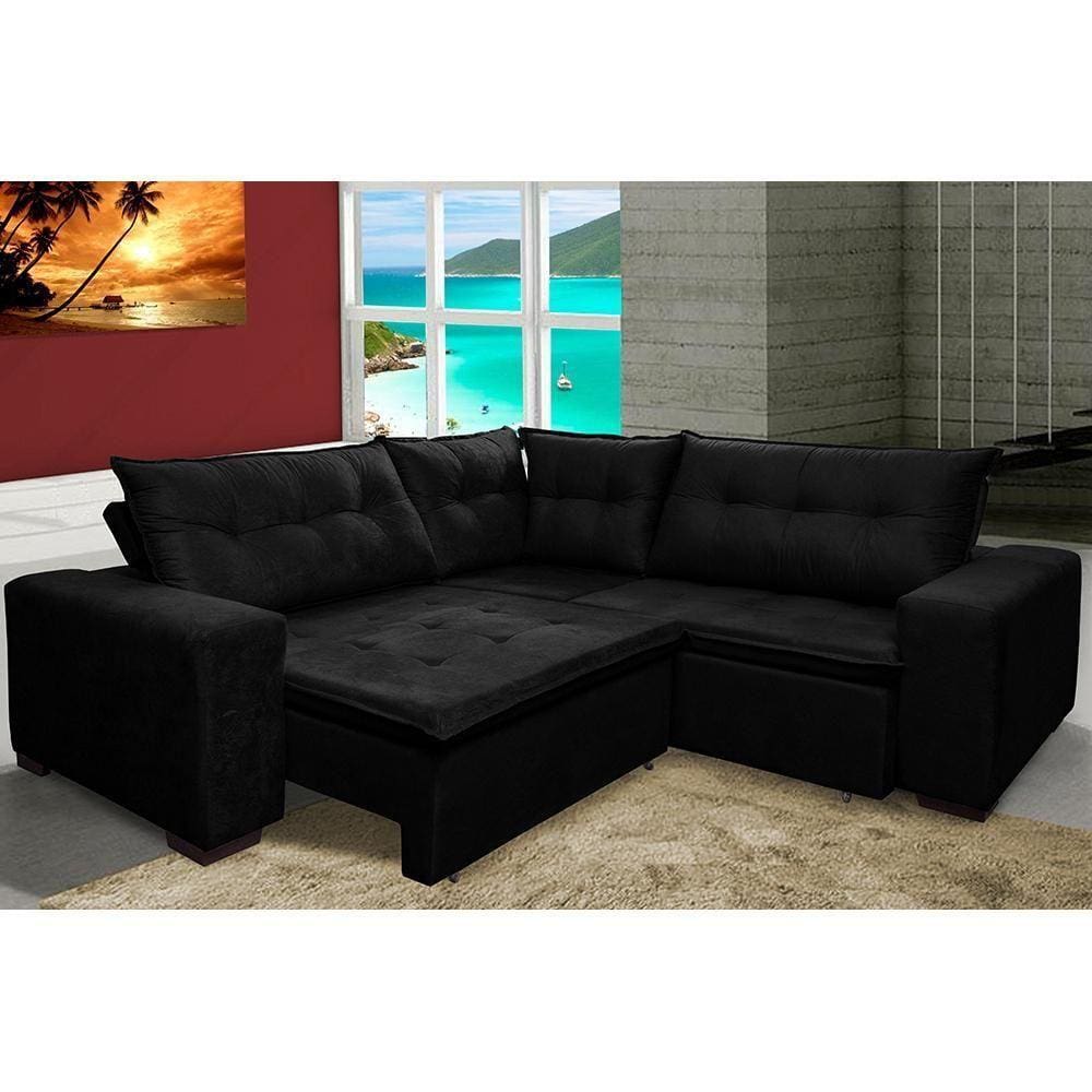 Sofá De Canto Retrátil, Reclinável, Molas Cama Inbox Oklahoma 2,40m X 2,40m Suede Velusoft Preto