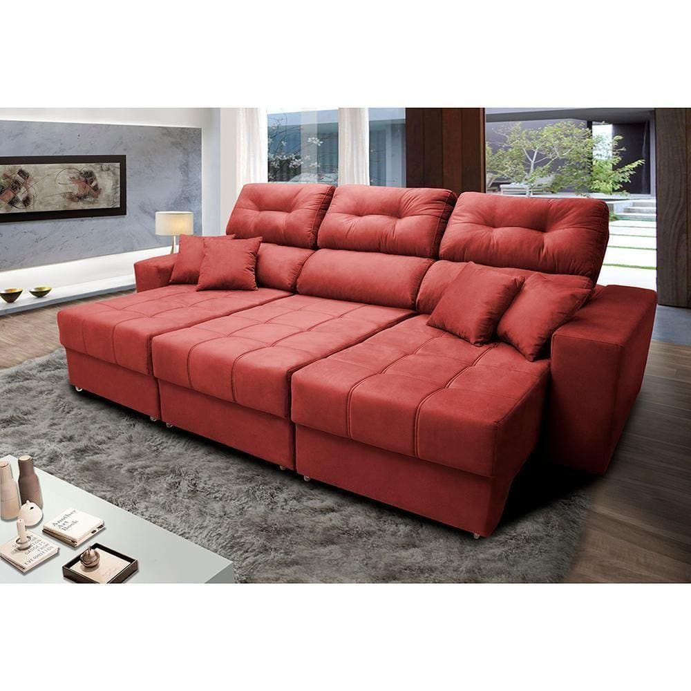 Sofá Retrátil E Reclinável Cama Inbox Diamond 2,52m Tecido Suede Velusoft Vermelho