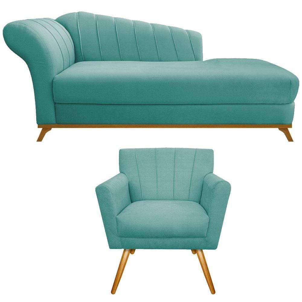 Kit Diva Recamier Vanessa 160cm Lado Direito E 01 Poltrona Laura Suede Cor Azul Tiffany