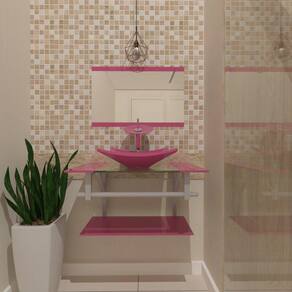 Gabinete De Vidro 80cm Ac Cuba Quadrada Rosa