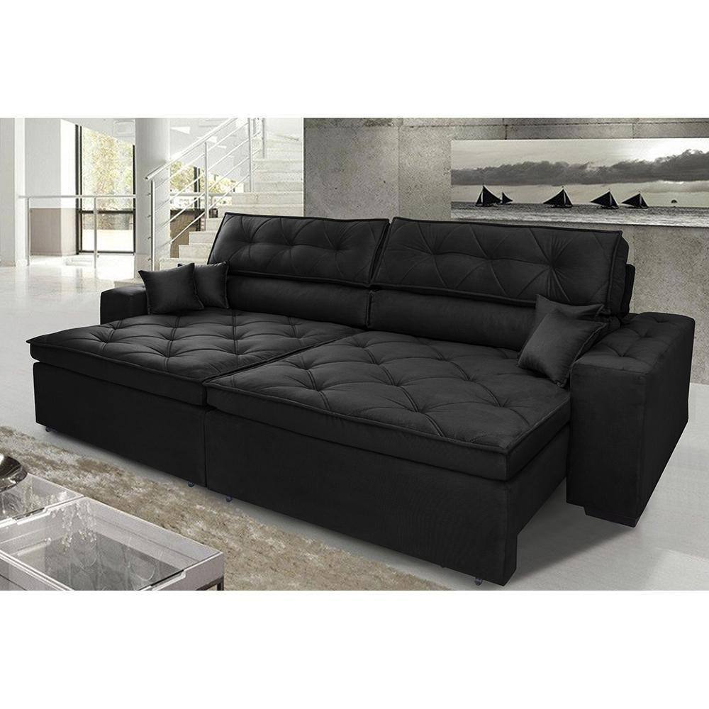 Sofá Austin 2,42m Retrátil, Reclinável Com Molas No Assento E Almofadas, Tecido Suede Preto