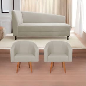 Kit Diva Recamier Heitor 140Cm Lado Direito E 02 Poltronas Luiza Linho - Doce Sonho Móveis Bege