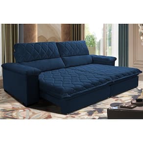 Sofá Retrátil E Reclinável 2,75m Molas Ensacadas Cama Inbox Big Home Com Bordado 3d Velusoft Azul