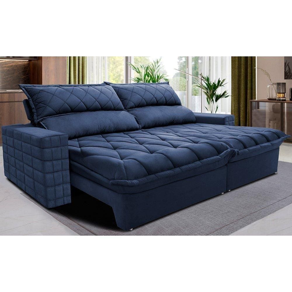 Sofá Retrátil E Reclinável 2,75m Molas Ensacadas Cama Inbox Elegance Com Thermogel Velusoft Azul