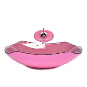 Cuba De Vidro Abaulada 51cm Rosa+Valvula+Torneira Cascata
