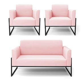 Sofá Namoradeira Com 2 Poltronas Base Industrial Alta Preto Marisa Suede D03 - D\`rossi Cor Rosa Bebê