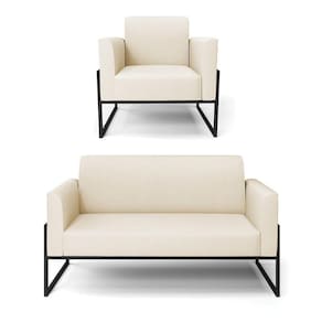 Sofá Namoradeira Com Poltrona Base Industrial Alta Preto Marisa Linho D03 - D\`rossi Cor A19 Bege