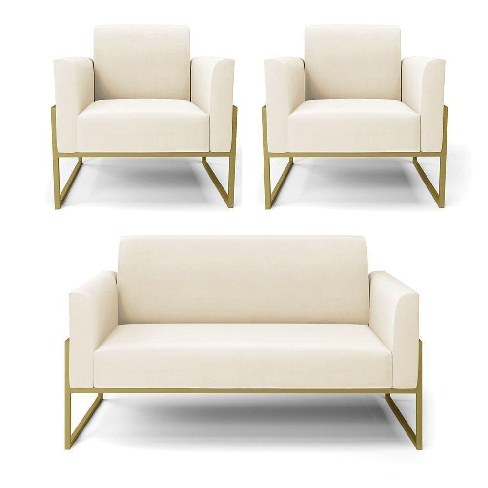 Sofá Namoradeira Com 2 Poltronas Base Industrial Alta Dourado Marisa Veludo D03 - D\`rossi Cor Bege