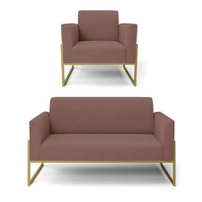 Sofá Namoradeira Com Poltrona Base Industrial Alta Dourado Marisa Veludo Rosê D03 - D\`rossi
