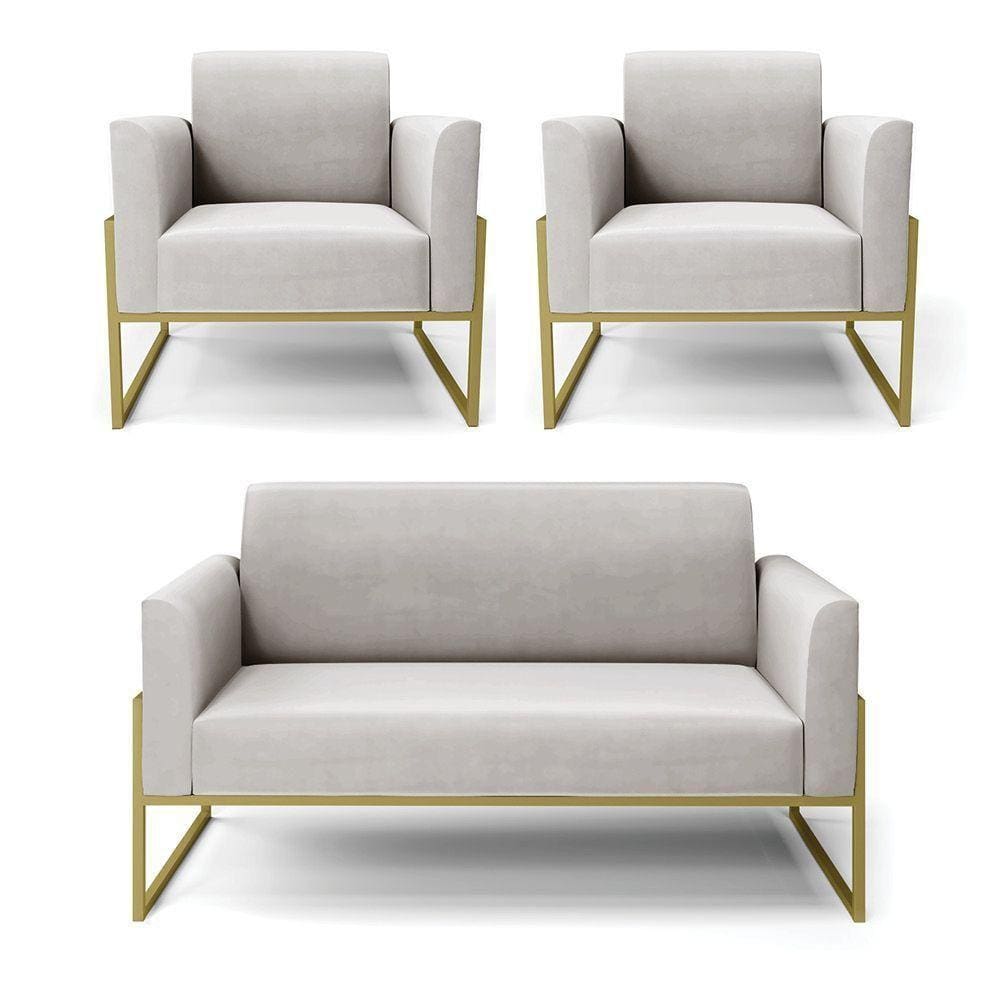 Sofá Namoradeira Com 2 Poltronas Base Industrial Alta Dourado Marisa Veludo D03 - D\`rossi Cor Cinza