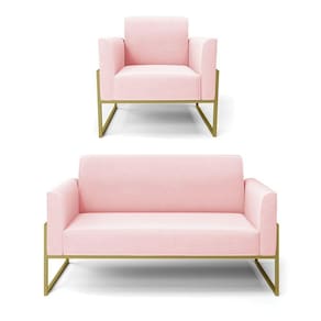 Sofá Namoradeira Com Poltrona Base Industrial Alta Dourado Marisa Suede Rosa Bebê D03 - D\`rossi