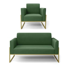 Sofá Namoradeira Com Poltrona Base Industrial Alta Dourado Marisa Suede Verde D03 - D\`rossi
