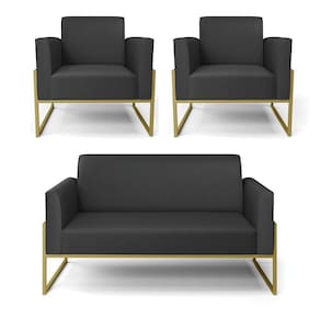 Sofá Namoradeira Com 2 Poltronas Base Industrial Alta Dourado Marisa Corino D03 - D\`rossi Cor Preto