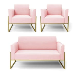 Sofá Namoradeira Com 2 Poltronas Base Industrial Alta Dourado Marisa Suede Rosa Bebê D03 - D\`rossi