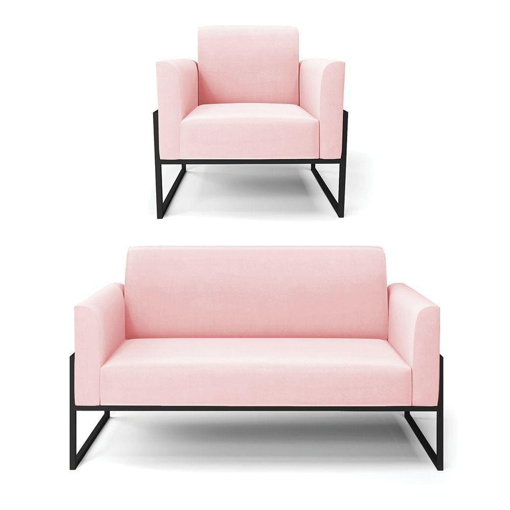 Sofá Namoradeira Com Poltrona Base Industrial Alta Preto Marisa Suede Rosa Bebê D03 - D\`rossi