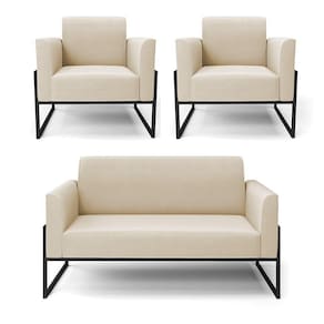 Sofá Namoradeira Com 2 Poltronas Base Industrial Alta Preto Marisa Suede Bege D03 - D\`rossi