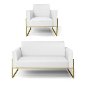 Sofá Namoradeira Com Poltrona Base Industrial Alta Dourado Marisa Corino D03 - D\`rossi Cor Branco