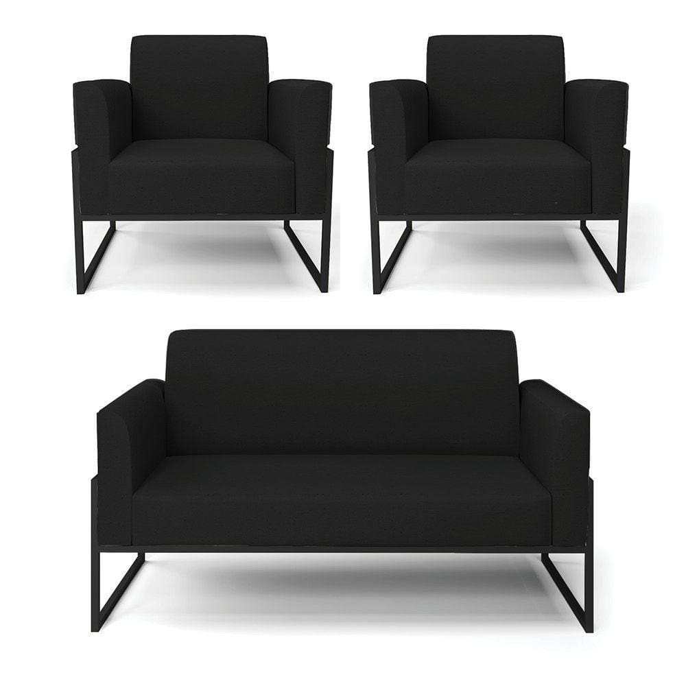 Sofá Namoradeira Com 2 Poltronas Base Industrial Alta Preto Marisa Linho Preto A79 D03 - D\`rossi