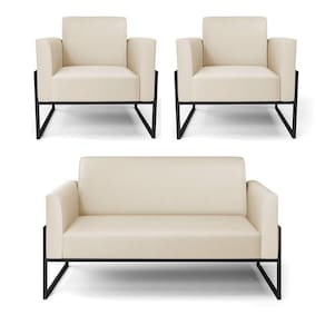 Sofá Namoradeira Com 2 Poltronas Base Industrial Alta Preto Marisa Corino Bege D03 - D\`rossi