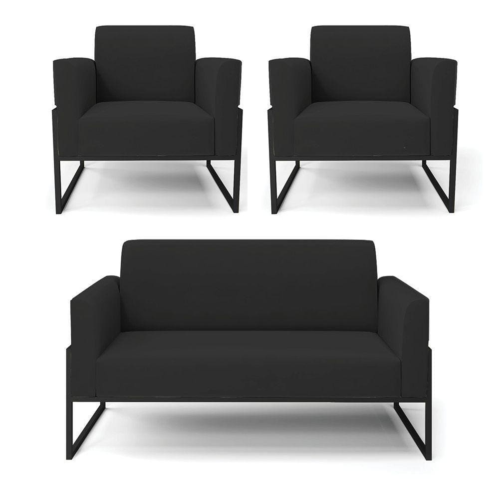 Sofá Namoradeira Com 2 Poltronas Base Industrial Alta Preto Marisa Veludo D03 - D\`rossi Cor Preto