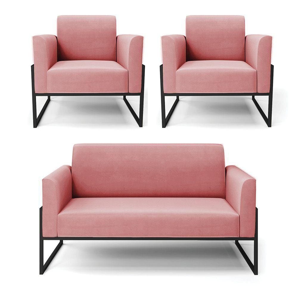 Sofá Namoradeira Com 2 Poltronas Base Industrial Alta Preto Marisa Suede D03 - D\`rossi Cor Rose