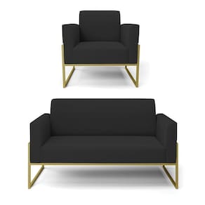 Sofá Namoradeira Com Poltrona Base Industrial Alta Dourado Marisa Veludo Preto D03 - D\`rossi