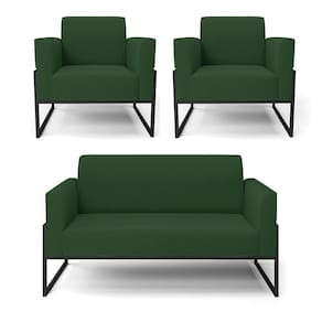 Sofá Namoradeira Com 2 Poltronas Base Industrial Alta Preto Marisa Veludo Verde D03 - D\`rossi