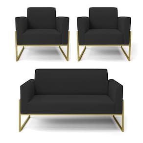 Sofá Namoradeira Com 2 Poltronas Base Industrial Alta Dourado Marisa Veludo D03 - D\`rossi Cor Preto