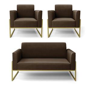 Sofá Namoradeira Com 2 Poltronas Base Industrial Alta Dourado Marisa Suede D03 - D\`rossi Cor Marrom