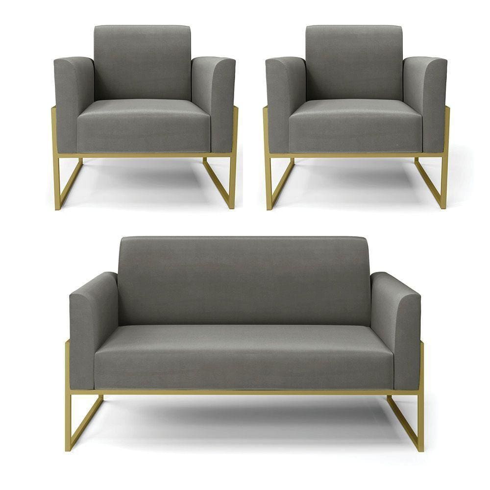 Sofá Namoradeira Com 2 Poltronas Base Industrial Alta Dourado Marisa Suede D03 - D\`rossi Cor Grafite