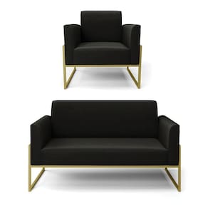 Sofá Namoradeira Com Poltrona Base Industrial Alta Dourado Marisa Suede Preto D03 - D\`rossi
