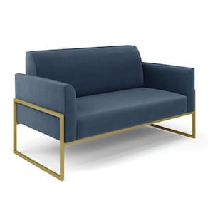 Sofá Namoradeira Base Industrial Alta Dourado Marisa Suede Azul Marinho D03 - D\`rossi