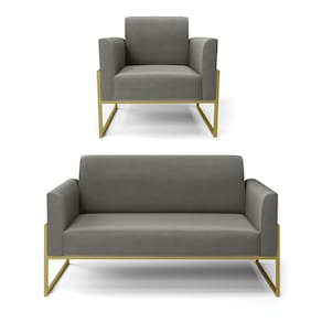 Sofá Namoradeira Com Poltrona Base Industrial Alta Dourado Marisa Suede D03 - D\`rossi Cor Grafite