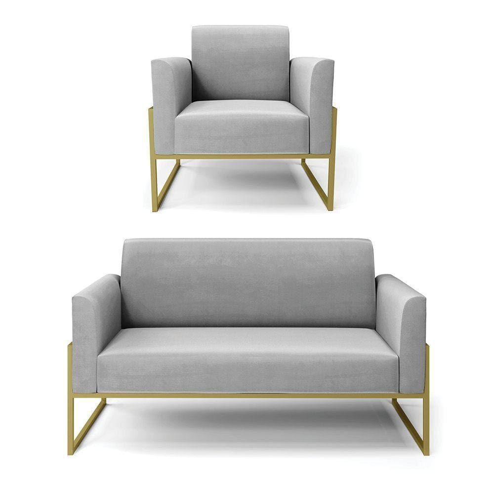 Sofá Namoradeira Com Poltrona Base Industrial Alta Dourado Marisa Suede D03 - D\`rossi Cor Cinza