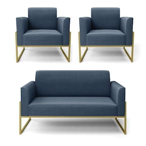 Sofá Namoradeira Com 2 Poltronas Base Industrial Alta Dourado Marisa Suede Azul Marinho D03 - D\`rossi