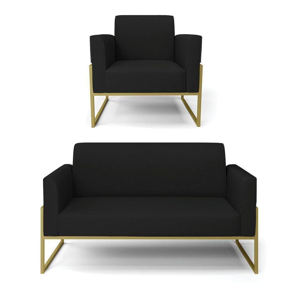 Sofá Namoradeira Com Poltrona Base Industrial Alta Dourado Marisa Linho Preto A79 D03 - D\`rossi