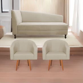 Kit Diva Recamier Heitor 160Cm Lado Direito E 02 Poltronas Luiza Suede - Doce Sonho Móveis Bege