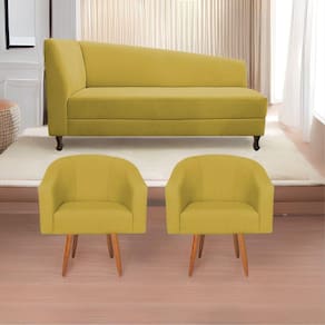 Kit Diva Recamier Heitor 140Cm Lado Esquerdo E 02 Poltronas Luiza Suede - Doce Sonho Móveis Amarelo