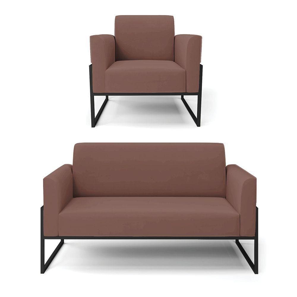 Sofá Namoradeira Com Poltrona Base Industrial Alta Preto Marisa Veludo D03 - D\`rossi Cor Rose