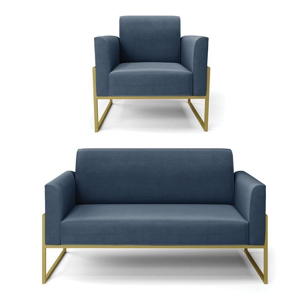 Sofá Namoradeira Com Poltrona Base Industrial Alta Dourado Marisa Suede Azul Marinho D03 - D\`rossi
