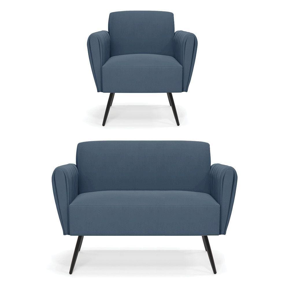 Sofá Namoradeira Com Poltrona Pés Palito De Ferro Bruna Suede - D`rossi Cor Azul Marinho